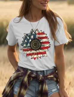 Discount Women's Patriotic T Shirt Cotton Shirt Graphic Flag Sunflower Casual Short Sleeve Crew Neck Round Neck Regular Tops Daily Print Black White Gray Summer Spring Women Independence Day Top