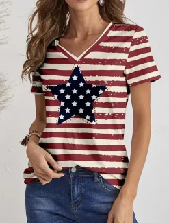 Online Women's Patriotic T Shirt Graphic Flag Flag Stylish Casual Short Sleeve V Neck Regular Tops Daily Print Summer Women Independence Day Top