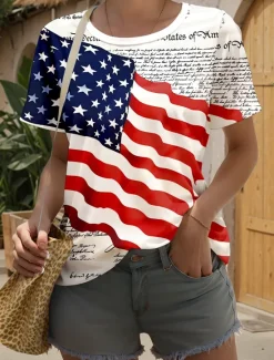Discount Women's Patriotic T Shirt Flag American Flag National Flag Stylish Casual Short Sleeve Crew Neck Regular Tops Daily Weekend Print Summer Spring Women Independence Day Top
