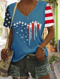 Outlet Women's Patriotic T Shirt Graphic American Flag Vintage Stylish Classic Short Sleeve V Neck Regular Tops Daily Weekend Print Black White Red Blue Summer Women Independence Day Top