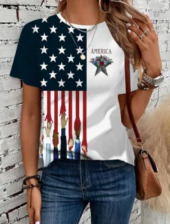 Online Women's Patriotic T Shirt Graphic Flag Vintage Stylish Classic Short Sleeve Crew Neck Round Neck Regular Tops Daily Print Summer Spring Women Independence Day Top
