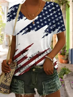 Clearance Women's Patriotic T Shirt Graphic Plants American Flag Vintage Stylish Classic Short Sleeve V Neck Regular Tops Daily Weekend Print Black White Red Light Brown Blue Women Independence Day Top