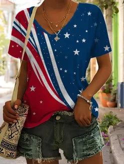 Clearance Women's Patriotic T Shirt Graphic Plants American Flag Vintage Stylish Classic Short Sleeve V Neck Regular Tops Daily Weekend Print Black White Red Light Brown Blue Women Independence Day Top