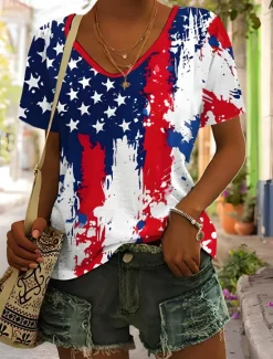 Clearance Women's Patriotic T Shirt Graphic Plants American Flag Vintage Stylish Classic Short Sleeve V Neck Regular Tops Daily Weekend Print Black White Red Light Brown Blue Women Independence Day Top