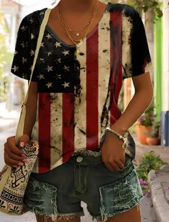 Clearance Women's Patriotic T Shirt Graphic Plants American Flag Vintage Stylish Classic Short Sleeve V Neck Regular Tops Daily Weekend Print Black White Red Light Brown Blue Women Independence Day Top