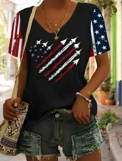 Best Women's Patriotic T Shirt Flag Flag National Flag Stylish Casual Red White And Blue Short Sleeve V Neck Regular Tops Daily Print Black Summer Spring Women Independence Day Top