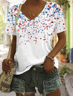 Best Women's Patriotic T Shirt Flag Flag National Flag Stylish Casual Red White And Blue Short Sleeve V Neck Regular Tops Daily Print Black Summer Spring Women Independence Day Top