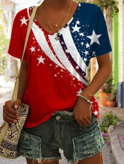 Best Women's Patriotic T Shirt Flag Flag National Flag Stylish Casual Red White And Blue Short Sleeve V Neck Regular Tops Daily Print Black Summer Spring Women Independence Day Top