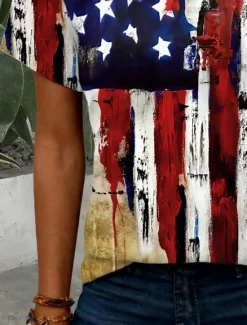 Clearance Women's Patriotic T Shirt American Flag National Flag Casual Red White And Blue Short Sleeve Notched Neck Regular Tops Daily Print Summer Spring Women Independence Day Top