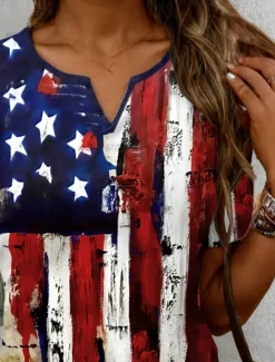 Clearance Women's Patriotic T Shirt American Flag National Flag Casual Red White And Blue Short Sleeve Notched Neck Regular Tops Daily Print Summer Spring Women Independence Day Top