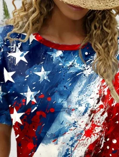Women's Patriotic T Shirt Graphic Flag Flag Vintage Stylish Classic Red White And Blue Short Sleeve Crew Neck Round Neck Regular Tops Daily Print Women Independence Day Top