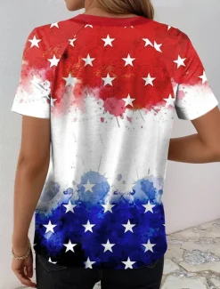 Clearance Women's Patriotic T Shirt Flag Casual Red White And Blue Short Sleeve V Neck Regular Tops Daily Print Red Summer Women Independence Day Top