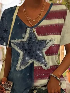 Online Women's Patriotic T Shirt Heart Graphic Flag Stylish Casual Short Sleeve V Neck Regular Tops Daily Print Blue Purple Brown Green Summer Spring Women Independence Day Top