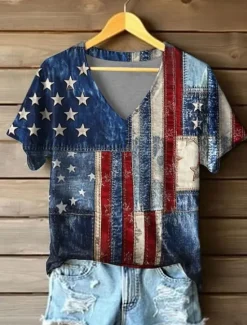 New Women's Patriotic T Shirt Graphic American Flag Vintage Stylish Classic Short Sleeve V Neck Regular Tops Daily Print White Red Blue Red / Blue Summer Spring Women Independence Day Top