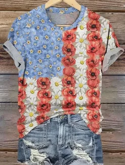 Hot Women's Patriotic T Shirt Heart Floral Graphic Vintage Stylish Casual Short Sleeve Crew Neck Round Neck Regular Tops Daily Print Red Blue Summer Spring Women T-Shirts|Independence Day Top