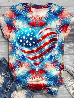 Hot Women's Patriotic T Shirt Heart Floral Graphic Vintage Stylish Casual Short Sleeve Crew Neck Round Neck Regular Tops Daily Print Red Blue Summer Spring Women T-Shirts|Independence Day Top