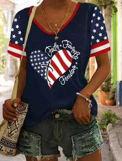 Outlet Women's Patriotic T Shirt Heart Graphic American Flag Vintage Stylish Classic Short Sleeve V Neck Regular Tops Daily Weekend Print Black White Red Blue Summer Spring Women Independence Day Top