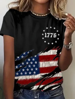 Outlet Women's Patriotic T Shirt Graphic Flag Vintage Stylish Classic Short Sleeve Crew Neck Regular Tops Daily Weekend Print Black White Blue Summer Spring Women Independence Day Top