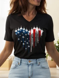 Women's Patriotic T Shirt Heart Graphic Star Vintage Stylish Classic Short Sleeve V Neck Regular Tops Daily Weekend Print Black White Pink Red Blue Summer Spring Women Independence Day Top