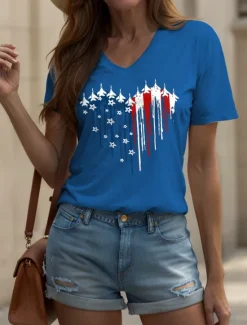 Women's Patriotic T Shirt Heart Graphic Star Vintage Stylish Classic Short Sleeve V Neck Regular Tops Daily Weekend Print Black White Pink Red Blue Summer Spring Women Independence Day Top