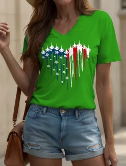 Women's Patriotic T Shirt Heart Graphic Star Vintage Stylish Classic Short Sleeve V Neck Regular Tops Daily Weekend Print Black White Pink Red Blue Summer Spring Women Independence Day Top