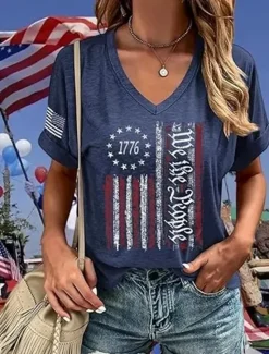 New Women's Patriotic T Shirt Graphic American Flag Vintage Stylish Classic Short Sleeve V Neck Regular Tops Daily Print Black Navy Blue Dark Gray Summer Spring Women Independence Day Top