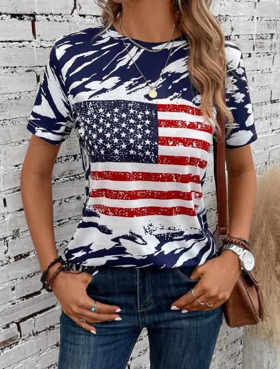 Women's Patriotic T Shirt USA National Flag Fashion Red White And Blue Short Sleeve Crew Neck Regular Tops Daily Weekend Print Summer Women Independence Day Top