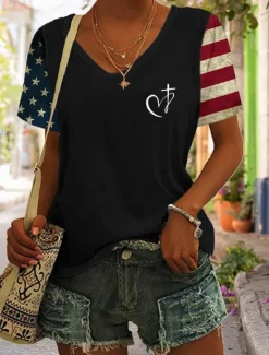 Online Women's Patriotic T Shirt Graphic Flag Vintage Stylish Classic Short Sleeve V Neck Regular Tops Daily Print Black Blue Purple Green Summer Spring Women Independence Day Top