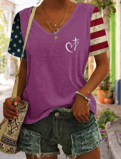 Online Women's Patriotic T Shirt Graphic Flag Vintage Stylish Classic Short Sleeve V Neck Regular Tops Daily Print Black Blue Purple Green Summer Spring Women Independence Day Top
