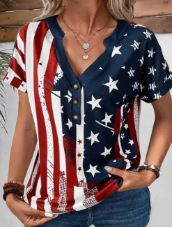 Best Women's Patriotic T Shirt American Flag Stylish Red White And Short Sleeve V Neck Regular Tops Daily Buttons Print Summer Women Independence Day Top