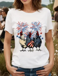 Hot Women's Patriotic T Shirt Graphic Animal Flag Vintage Stylish Classic Short Sleeve Crew Neck Round Neck Regular Tops Daily Weekend Print Black White Pink Red Blue Women Independence Day Top