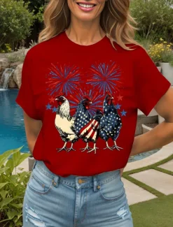 Hot Women's Patriotic T Shirt Graphic Animal Flag Vintage Stylish Classic Short Sleeve Crew Neck Round Neck Regular Tops Daily Weekend Print Black White Pink Red Blue Women Independence Day Top