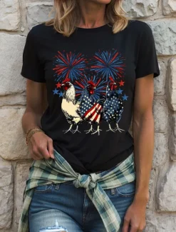 Hot Women's Patriotic T Shirt Graphic Animal Flag Vintage Stylish Classic Short Sleeve Crew Neck Round Neck Regular Tops Daily Weekend Print Black White Pink Red Blue Women Independence Day Top