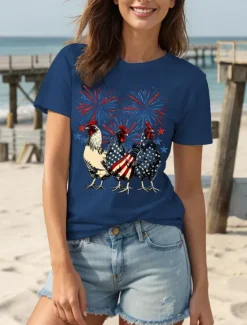 Hot Women's Patriotic T Shirt Graphic Animal Flag Vintage Stylish Classic Short Sleeve Crew Neck Round Neck Regular Tops Daily Weekend Print Black White Pink Red Blue Women Independence Day Top