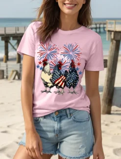 Hot Women's Patriotic T Shirt Graphic Animal Flag Vintage Stylish Classic Short Sleeve Crew Neck Round Neck Regular Tops Daily Weekend Print Black White Pink Red Blue Women Independence Day Top