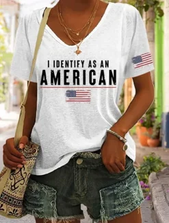 Best Women's Patriotic T Shirt Graphic American Flag Vintage Stylish Classic Short Sleeve V Neck Regular Tops Daily Weekend Print Black White Blue Green Summer Women Independence Day Top