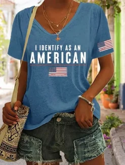 Best Women's Patriotic T Shirt Graphic American Flag Vintage Stylish Classic Short Sleeve V Neck Regular Tops Daily Weekend Print Black White Blue Green Summer Women Independence Day Top