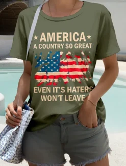 Discount Women's Patriotic T Shirt Graphic Flag Letter Stylish Casual Short Sleeve Round Neck Regular Tops Daily Weekend Print Black Army Green Blue Dark Gray Summer Spring Women Independence Day Top