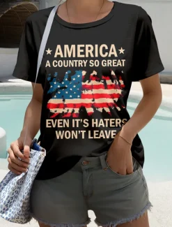 Discount Women's Patriotic T Shirt Graphic Flag Letter Stylish Casual Short Sleeve Round Neck Regular Tops Daily Weekend Print Black Army Green Blue Dark Gray Summer Spring Women Independence Day Top