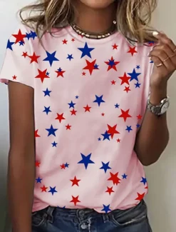 Discount Women's Patriotic T Shirt Graphic Star Vintage Stylish Classic Short Sleeve Crew Neck Regular Tops Daily Weekend Print Black White Pink Summer Women Independence Day Top
