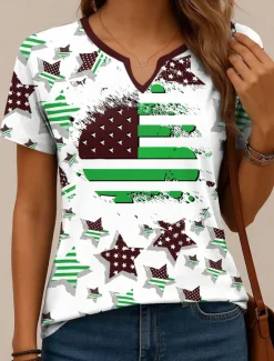Best Women's Patriotic T Shirt Graphic Flag Vintage Stylish Classic Short Sleeve Notched Neck Regular Tops Daily Weekend Print Red Navy Blue Purple Green Summer Spring Women Independence Day Top