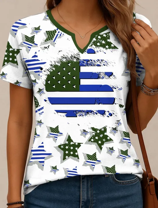 Best Women's Patriotic T Shirt Graphic Flag Vintage Stylish Classic Short Sleeve Notched Neck Regular Tops Daily Weekend Print Red Navy Blue Purple Green Summer Spring Women Independence Day Top