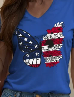 Clearance Women's Patriotic T Shirt Floral Graphic Animal Vintage Stylish Classic Short Sleeve V Neck Regular Tops Daily Print Black White Pink Red Blue Summer Spring Women Independence Day Top