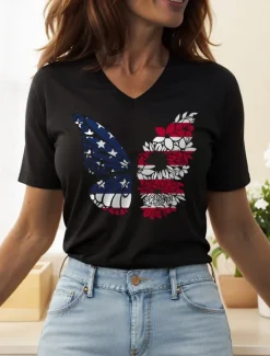 Clearance Women's Patriotic T Shirt Floral Graphic Animal Vintage Stylish Classic Short Sleeve V Neck Regular Tops Daily Print Black White Pink Red Blue Summer Spring Women Independence Day Top