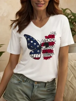 Clearance Women's Patriotic T Shirt Floral Graphic Animal Vintage Stylish Classic Short Sleeve V Neck Regular Tops Daily Print Black White Pink Red Blue Summer Spring Women Independence Day Top