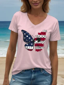 Clearance Women's Patriotic T Shirt Floral Graphic Animal Vintage Stylish Classic Short Sleeve V Neck Regular Tops Daily Print Black White Pink Red Blue Summer Spring Women Independence Day Top