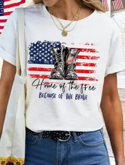 Discount Women's Patriotic T Shirt American Flag National Flag Fashion Basic Short Sleeve Crew Neck Regular Tops Casual Weekend Print White Pink Summer Women Independence Day Top