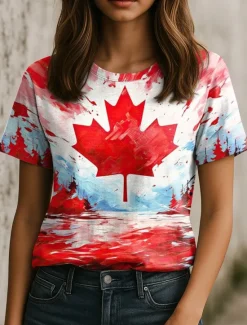 Outlet Women's Patriotic T Shirt Graphic Flag Maple Leaf Vintage Stylish Casual Short Sleeve Crew Neck Regular Tops Daily Weekend Print Red Fuchsia Summer Spring Women Independence Day Top