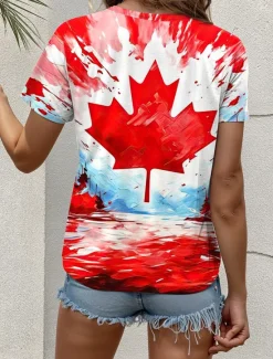 Outlet Women's Patriotic T Shirt Graphic Flag Maple Leaf Vintage Stylish Casual Short Sleeve Crew Neck Regular Tops Daily Weekend Print Red Fuchsia Summer Spring Women Independence Day Top