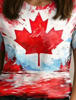 Outlet Women's Patriotic T Shirt Graphic Flag Maple Leaf Vintage Stylish Casual Short Sleeve Crew Neck Regular Tops Daily Weekend Print Red Fuchsia Summer Spring Women Independence Day Top